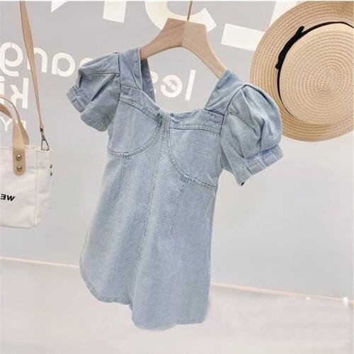 Kids Dresses for Girls Denim Jeans Summer Dress U O-Neck Puff Sleeve Vestidos Comfortable Childrens Clothing Hot Style