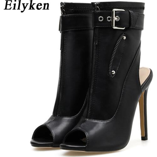 Eilyken Metal Chain Decoration Women Ankle Boots 2021 Sexy Zip Sandals Peep Toe Hollow Thin High Heels Buckle Strap Ladies Shoes
