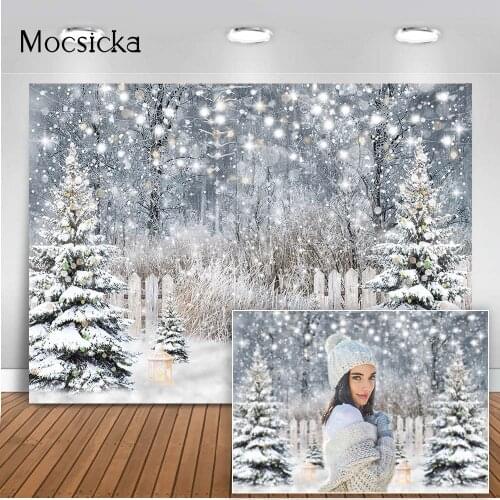 Winter Snow Scene Photography Background Pine Tree Christmas for Newborn Children Kids Birthday Portrait Backdrop Photocall Prop