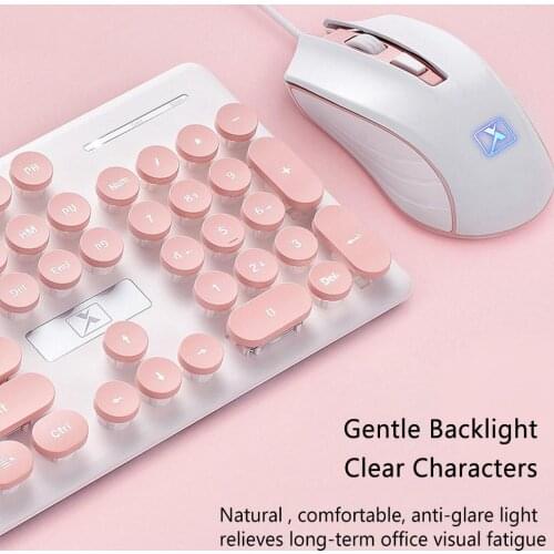 Portable Retro Pink Keyboard Mouse Kit Wired Steampunk Gaming Keyboard with Round Key Cap Multimedia Button Keyboard Mouse Set
