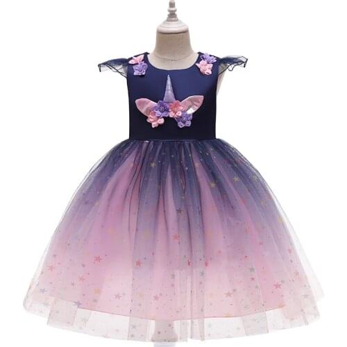 Halloween Girl Children' Clothing Unicorn Gradient Color Party Dress Starry Sky Gauze Princess Dress Girls Dress Autumn Clothing