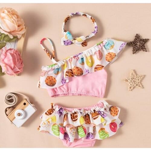 Summer Beach Toddler Infant Baby Girl Lovely Fruit Swimsuit Bikini Sweet Backcross Ruffle Bathing Suit Beachwear with Headband