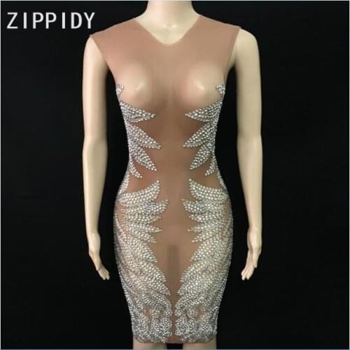 Fashion Sparkly Silver Stones Mesh Dress Sexy Rhinestones See Through Clothes Nightclub Singer Dress Womens Celebrate Dress