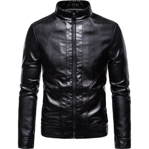 Brand clothing Male Slim Fit Faux Leather Biker Jackets Fashion Autumn PU Leather Jacket Black Mens Stand Collar Coats Size 4XL