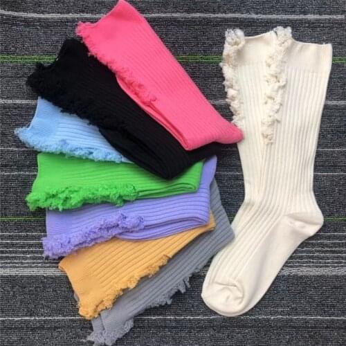 Hole Beggar Shabby Women Frilly High Socks Cotton 2021 Summer New Ladies Original Design Novelty Tide Fluffy Long Tube Non-slip