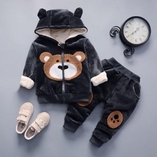 Baby clothes autumn winter cute bear print plus velvet thick hooded 2-piece suit boy casual warm suit suit for girl baby suit