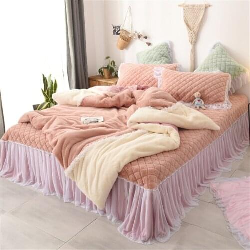 Pink Gray Winter Thick Flannel Princess Girl Bedding set Soft Fleece Fabric Lace Duvet Cover Bed sheet Bedspread Pillowcases