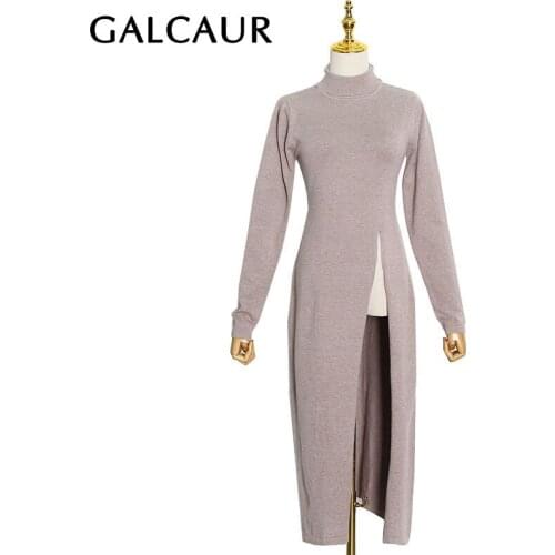 GALCAUR Knitting Sweaters For Women Turtleneck Long Sleeve Split Designer Casual Slim Pullovers Female 2021 Autumn Clothing