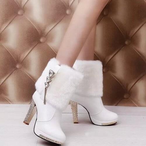 Bling High Heels Rabbit Fur Boots Women Plush Warm Platform Shoes Elegant Crystal Lady Wedding Party High-heeled Shoes drf78