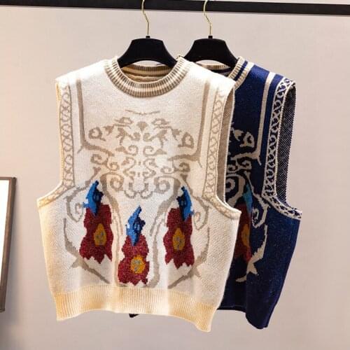 Sweater Vest Women Jacquard Knitted Vests Autumn Casual Sleeveless Sweaters Chic Folks Style Loose Knit Top Chaleco Punto Mujer
