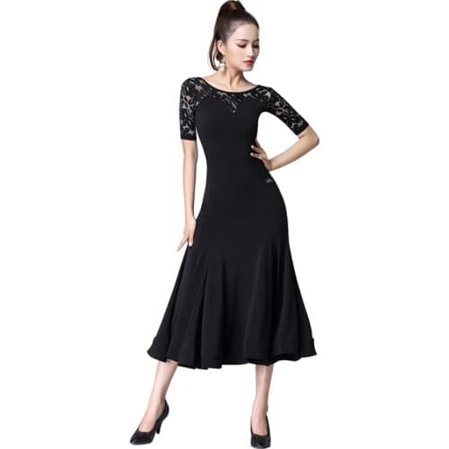 Womens Black Lace Ballroom Dress Smooth Modern Waltz Tango Smooth Ballroom Dance Dress Standard Ballroom Dress