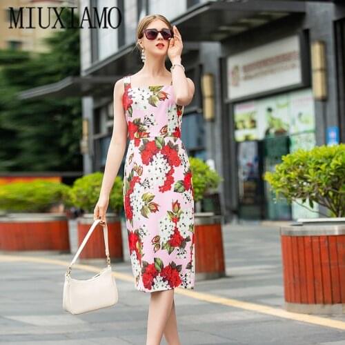 MIUXIMAO 2020 Spring Dress Newest Arrival Vintage Sleeveless Flower Print A-Line Mid-Calf Elegant Slim Dress Women vestidos