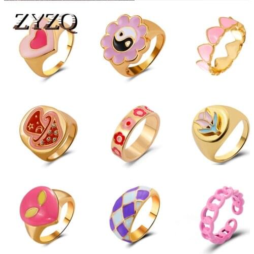 ZYZQ Trendy Vintage Double Layer Heart Enamel Ring for Women Dripping Oil Color Geometry Heart Metal Rings Couple Jewelry