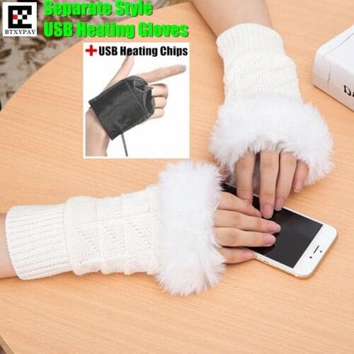 120p Winter Warm Girl Students Homework Separate Style USB Heating Gloves,Women Hand Back Heated Faux Fur Knit Fingerless Gloves