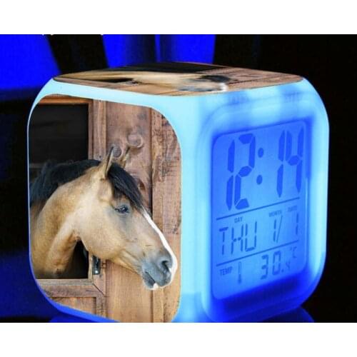 7 Color Changing Glowing Digital Clock Horse LED Alarm Clock Kids Festival Gift Multifunction Desktop Electronic Watches Clock