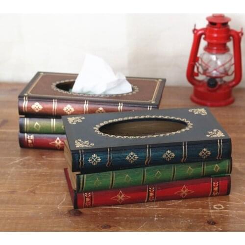 Wooden tissue box retro European style simulation book hand drawn book shaped tissue tube art paper box restaurant decoration