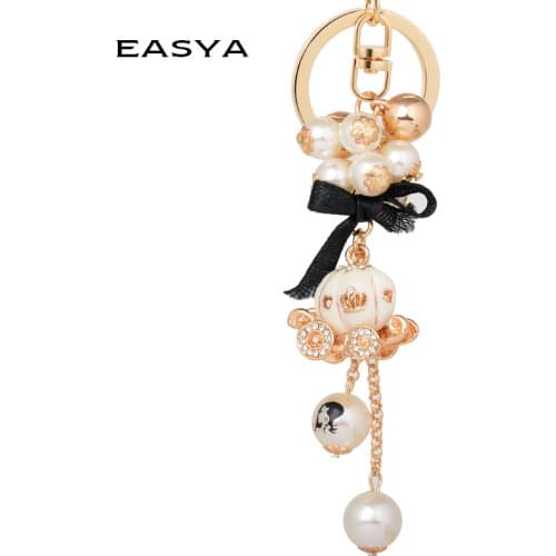 EASYA New Arrival Simulated Pearl Women Car Keychain Pumpkin Carriage Key Ring Holder Girls Bags Charm Gift for Friends CHY-3812