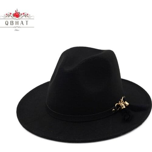 QBHAT Unisex Pannama Wool Felt Fedora Hats with Feather Fringes Decoration Men Women Wide Brim Jazz Panama Hat Chapeau QB29