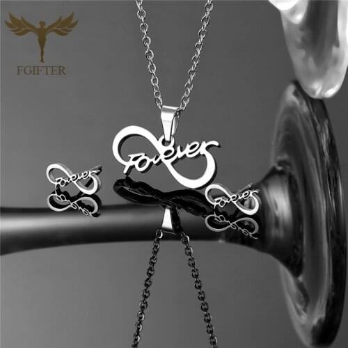 Fgift Silver Color Stainless Steel Wedding Jewelry Set for Bride Forever Love Design Pendant Necklace Stud Earrings Lovers Gift