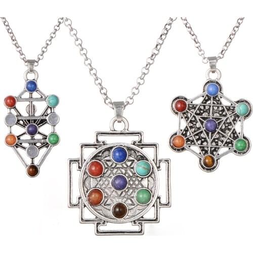 Environmental Protection Electroplating Ancient Zinc Alloy Seven Chakra Pendants 4mm Geometry Natural Stone Chakra Necklace