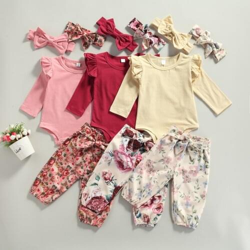 2021-06-08 Lioraitiin 0-3Years Toddler Baby Girl 3Pcs Suit Set Solid Round Neck Long Sleeve Romper Floral Print Pant Headband