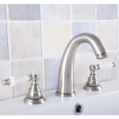 Brushed Nickel Deck Mount Basin Faucet Widespread Bathroom Sink Faucet 3 Holes Lavatory Sink Mixer Tap