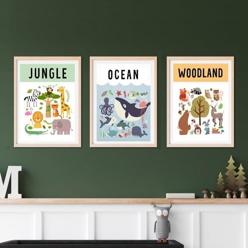 Woodland Jungle Ocean Animals Education Pictures Children Posters Nursery Wall Art Canvas Prints Painting Baby Kid Bedroom Decor