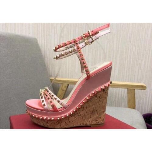 New Summer Hot Pink Green Rivets Wedge Sandal Women Open Toe Buckles Strap Platform Super Heels Casual Sandals Shoes