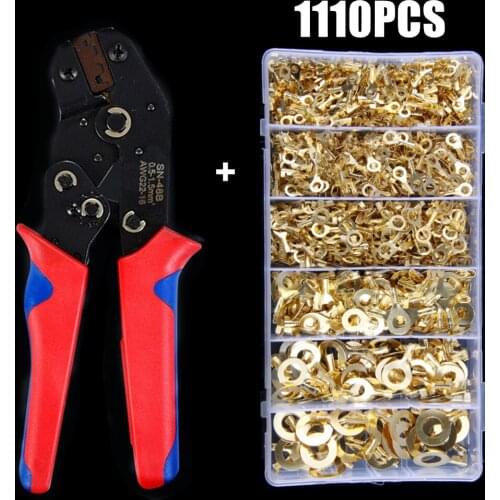 1110Pcs Ring Type Gold Terminals Golden Brass Non-insulated Crimp Terminals Connectors 3.2-10.2mm Cable Wire Connectors + Plier