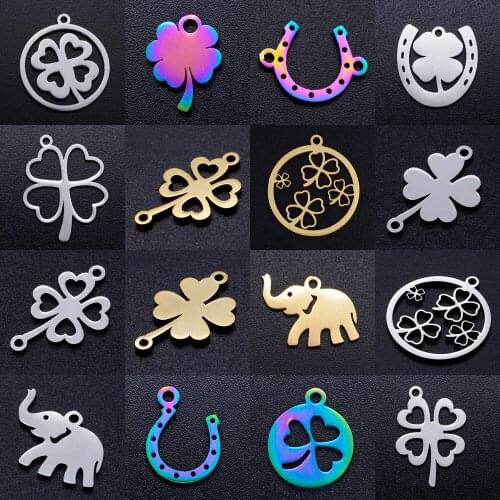 5pcs/lot Lucky Symbol Four Heart Flower DIY Charms Wholesale 100% Stainless Steel Horseshoe Pendant Elephant Connectors Charm