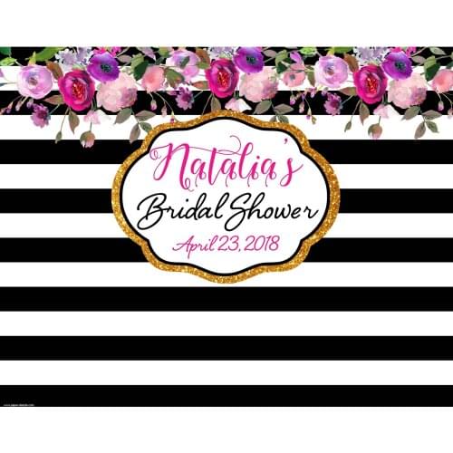 Custom Floral Flower Leaves Black And White Striped Bridal Shower photo backdrop Computer print party background