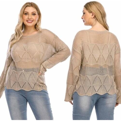 Hot kf-O-Neck Hollow Out Knitted Sweater Women Thin Loose Long Sleeve Knit Sweater Pullover