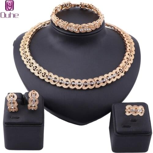 Romantic Gold Color Design Crystal Necklace Earring Bracelet Ring African Wedding Jewelry Sets