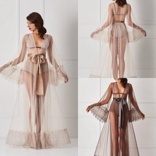 Sexy Transparent Night Robes Long Sleeves Lace Floor Length Women Sleepwear Nightgown Robes with Belt Cheap Plus Size