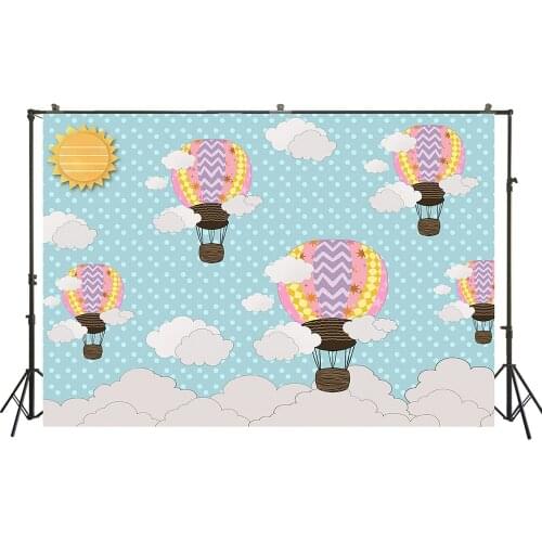 Adventure Theme Girl Birthday Party Backdrop Hot Air Balloon Cartoon Baby Shower Dots Background Blue Cloud Banners Decor Poster