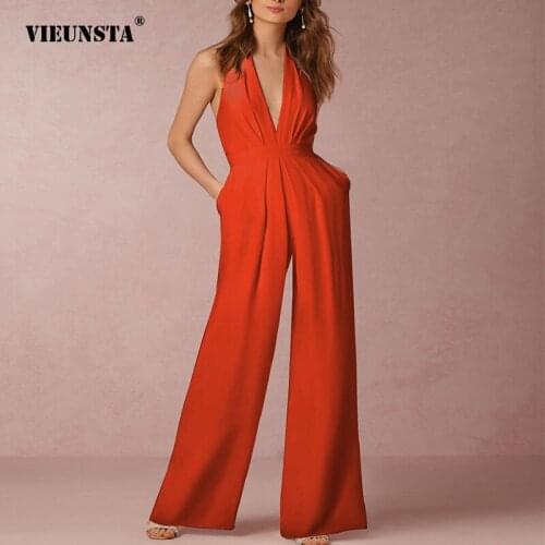 VIEUNSTA Sexy leak Back Sleeveless Halter Rompers 2021 New Summer Fashion Casual Slim Solid High Waist Piece Wide Leg Trousers