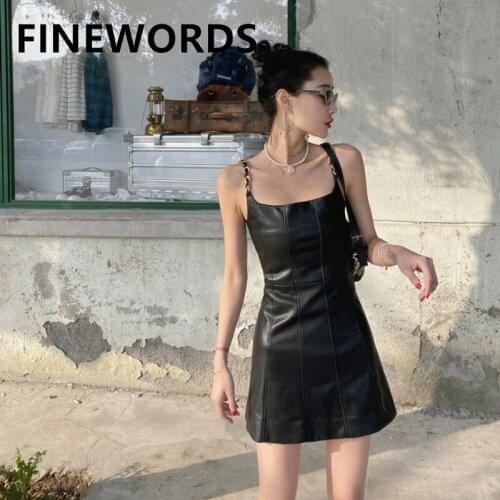 FINEWORDS Vintage Black PU Leather Dress Women Korean Sexy Chain Sleeveless Strapless Dress Spring Summer Beach Short Mini Dress