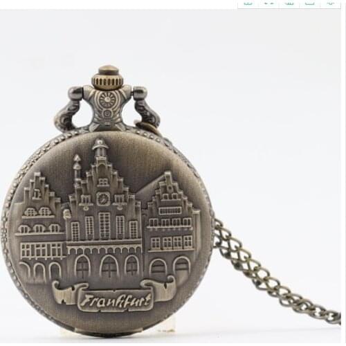 Vintage Bronze German Castle Quartz Clock pendant Chain Woman And Men Necklace pocket watches Gift