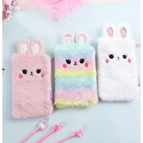 Cartoon Rabbit Large Capacity Plush Pencil Case Stationery Storage Organizer Bag School Office Supply Escolar