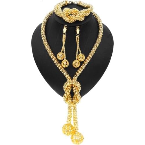 Yulaili Wholesale 24K Brazil Gold Jewelry Set Long Chain Golden Bridal Necklace Earrings Bangle Ring Jewelry Set Accessory