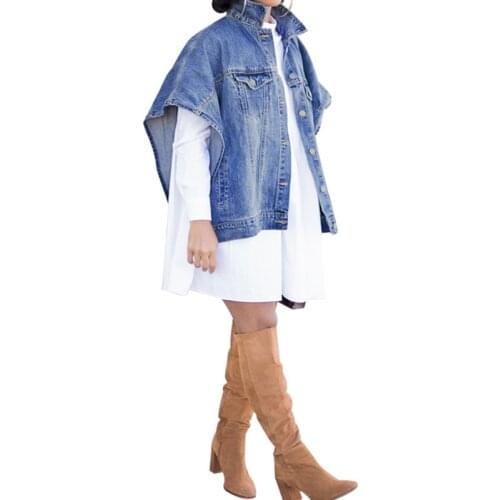 Street Snap Wear Women Solid Turn-Down Collar Cap Sleeves Denim Jackets Single-Breasted Irregular Pockets Coats 2021 Autumn New