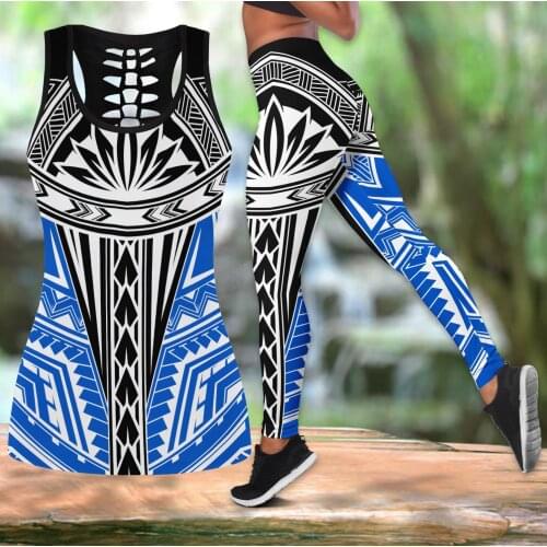 Polynesian Tattoo Pattern 3D Printed Hollow Tank Top & Leggings Set Fitness Female Full Length Leggings Running Pants DDK78
