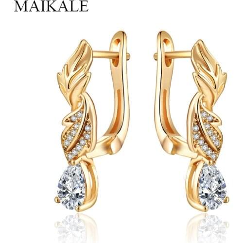 MAIKALE Fashion Design Flower Leaf Stud Earrings Waterdrop Zirconia Big Ear Studs Gold Earrings for Women Jewelry Gifts