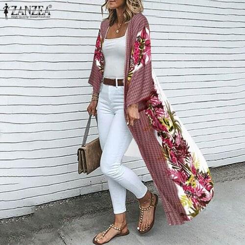 Bohemian Cardigan Women Casual Full Sleeve Long Blouse ZANZEA Floral Printed Kimono Autumn Holiday Beach Open Front Chemise Robe