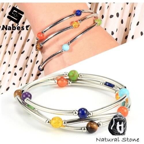 Women Girls Natural Stone 7 Chakras Healing Balance Bracelet Reiki Prayer Yoga 6mm Beads Copper Tube Bangle Wrist Chain Jewelry