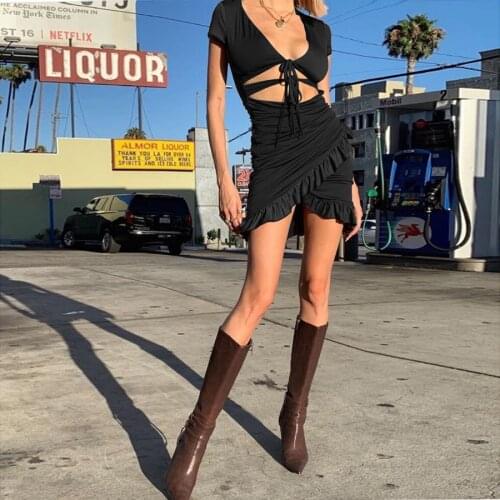 Ladies Mini Bodycon Dress Floral Printed Ruffles Women Sexy V-neck Bandage Irregular Dresses Summer Short Sleeve Streetwear