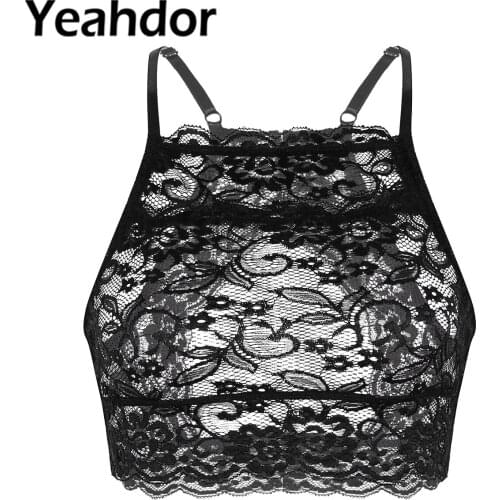 Womens Sexy See Through Lingerie Crop Top Adjustable Spaghetti Straps Transparent Floral Lace Cut Out Back Vest Crop Tank Tops