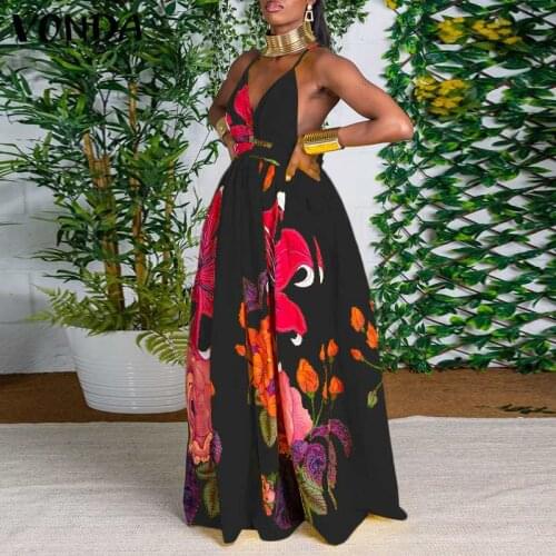 Women Sexy Party Dress Bohemian Floral Printed Maxi Long Maxi Dress 2021 VONDA Female V Neck Beach Vestido Long Robe
