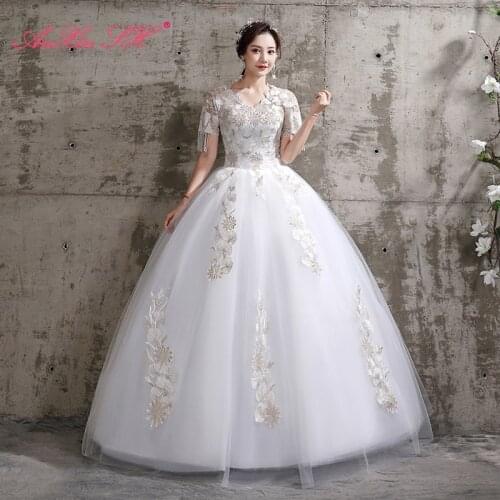 AXJFU princess vintage embroidery flower lace wedding dress turkey v neck short sleeve party beading crystal bride wedding dress