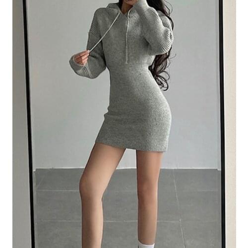 WOMENGAGA Winter Long Sleeve Package Hip Hooded Dress Women European Style Slim Solid Color Sexy Mini Knitting Dresses 0K4A